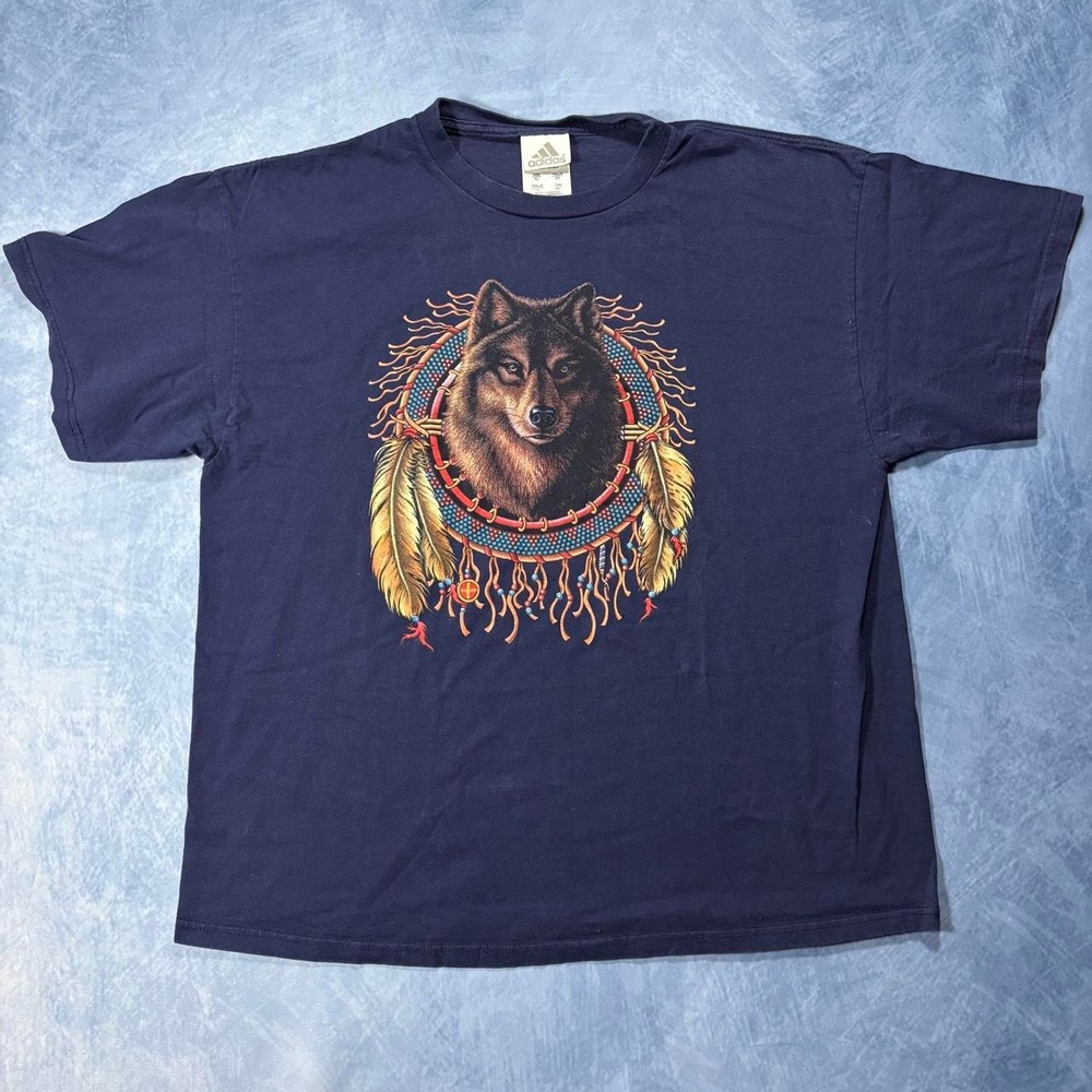 Adidas Vintage Wolf 90s Native American Wolf Dreamcatcher tee shirt blue.
